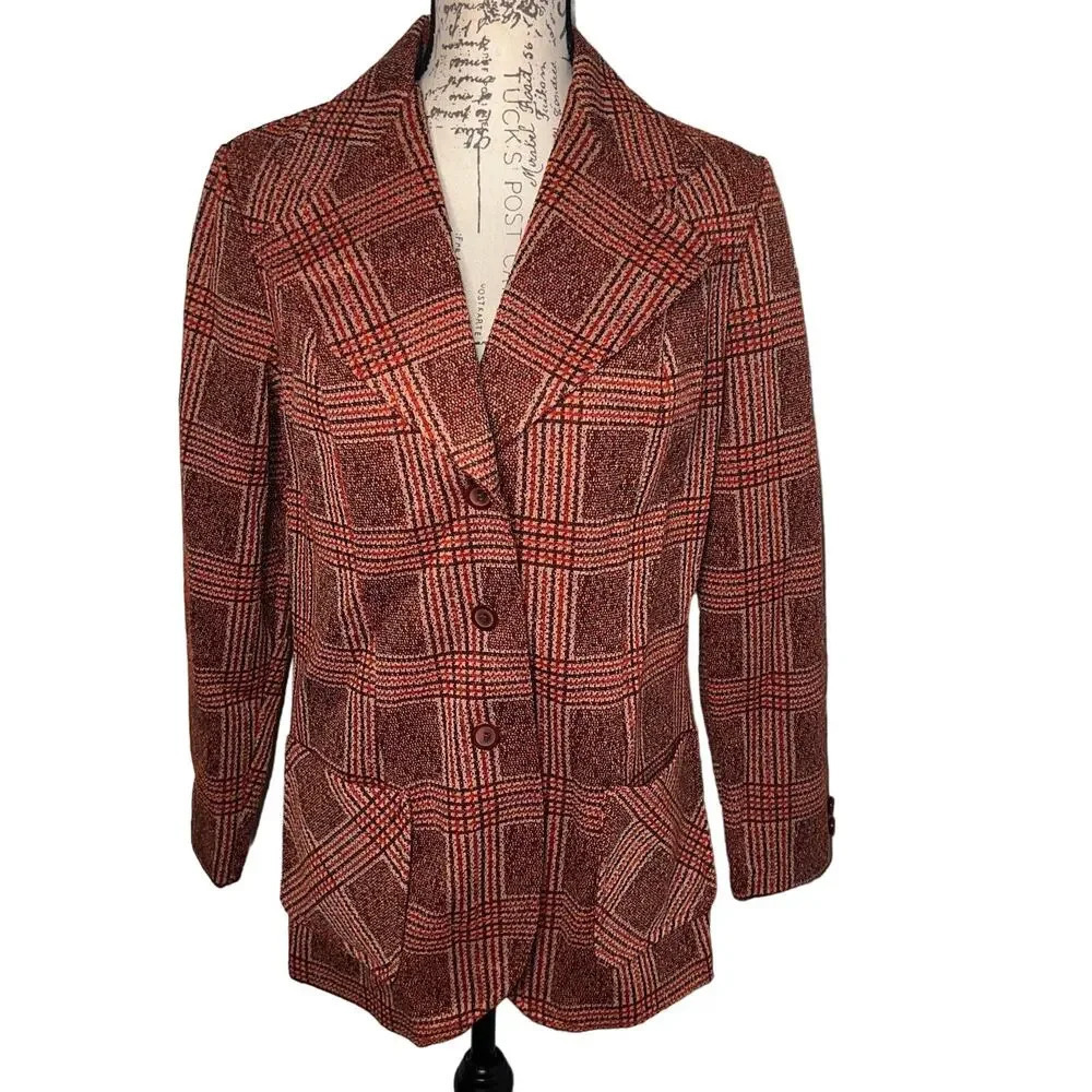 Sears Roebuck & Co. Retro 70s vintage‎ burnt orange check plaid Blazer Sz. 14